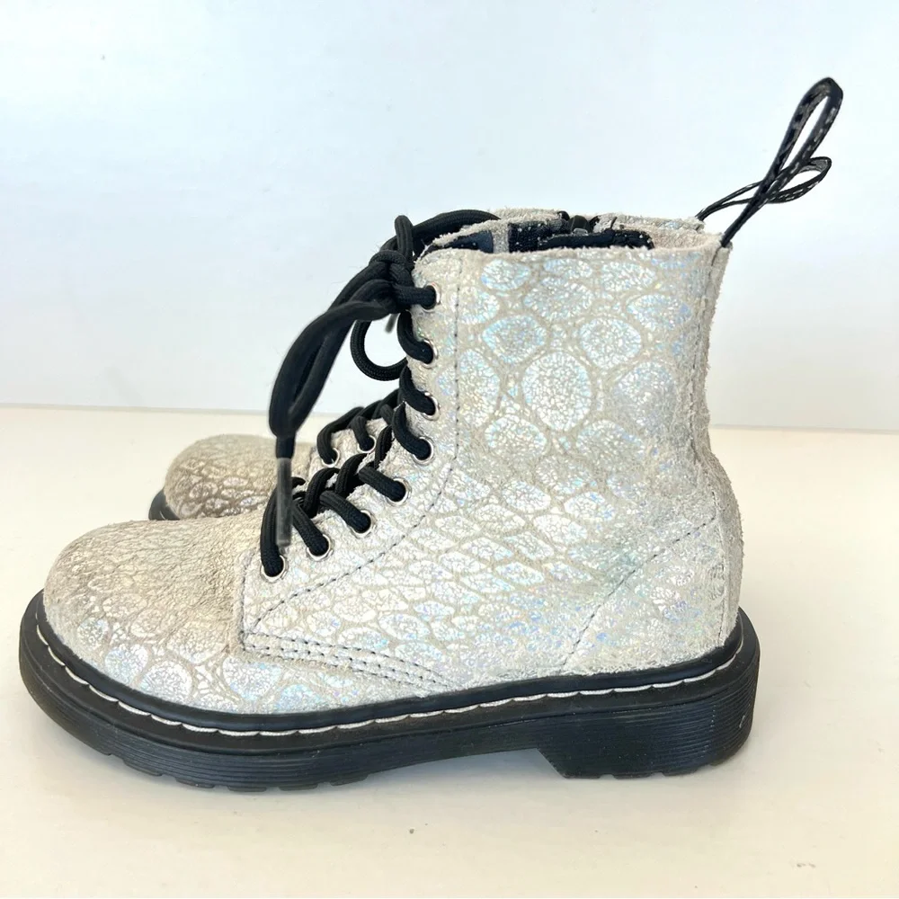DR. MARTEN 1460 Pascal White Snake Suede Metallic Zip Ankle Boots Sz 12 (girls)